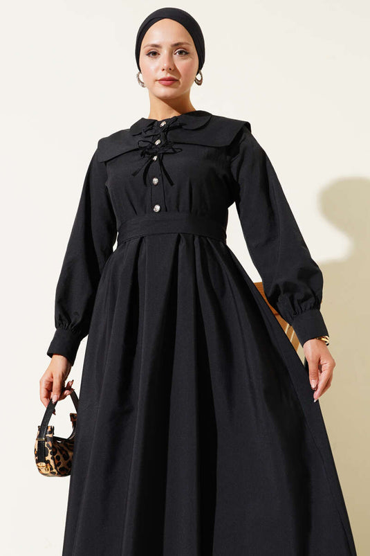 Bebe Yaka Düğme Fiyonklu Elbise Siyah