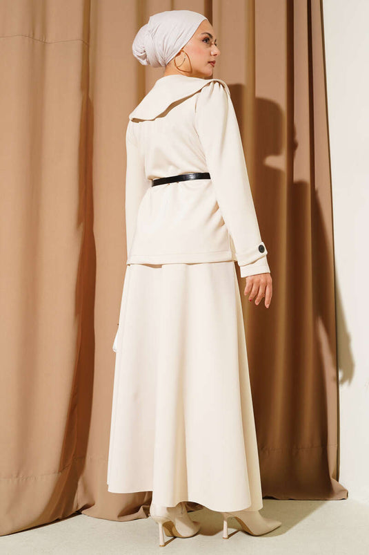 Peter Pan Collar Buttoned Skirt Two-Piece Set, Beige