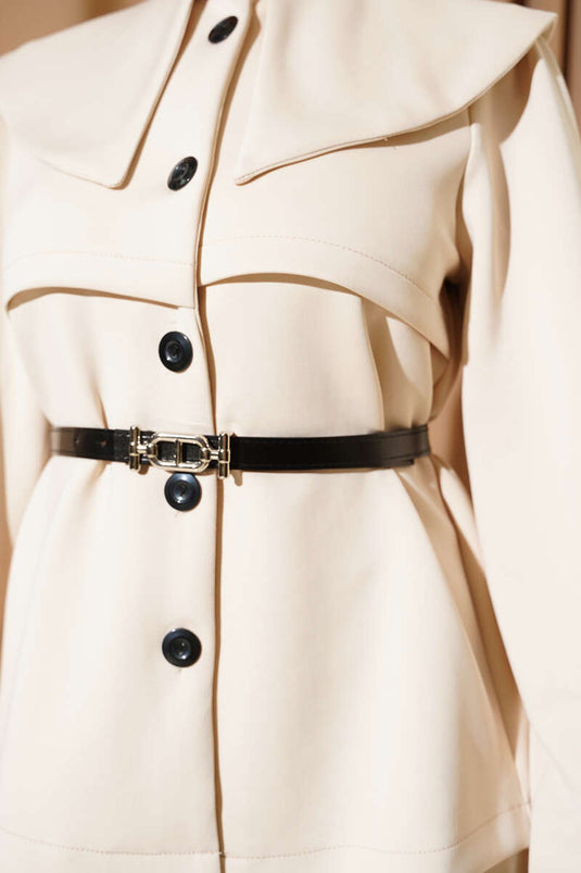 Peter Pan Collar Buttoned Skirt Two-Piece Set, Beige