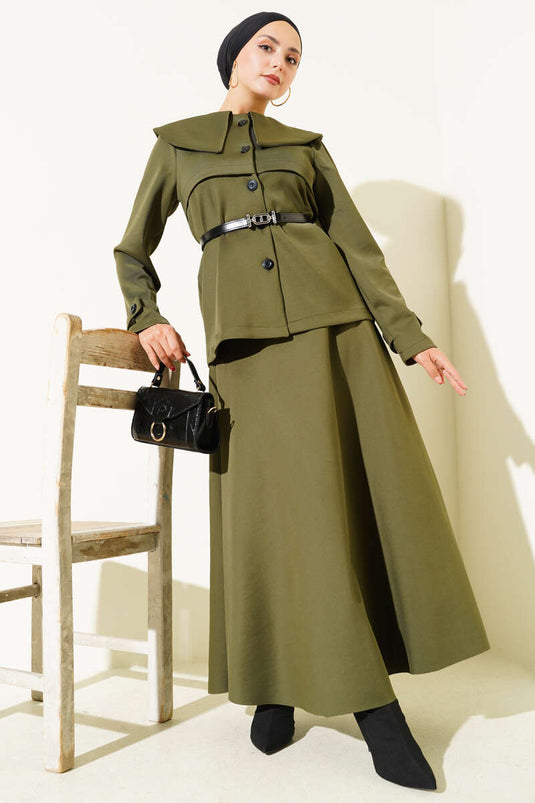 Bebe Yaka Düğmeli Etekli İkili Takım Haki