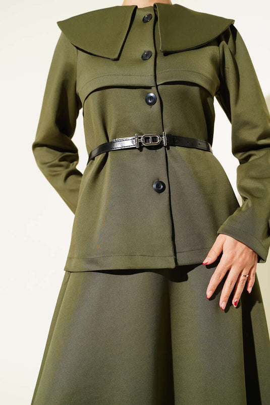 Bebe Yaka Düğmeli Etekli İkili Takım Haki