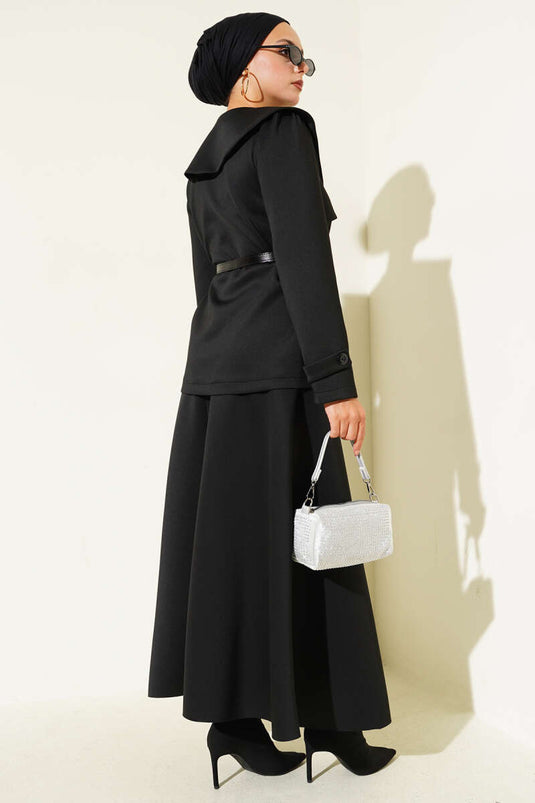 Ensemble deux pièces jupe boutonnée à col Claudine, noir