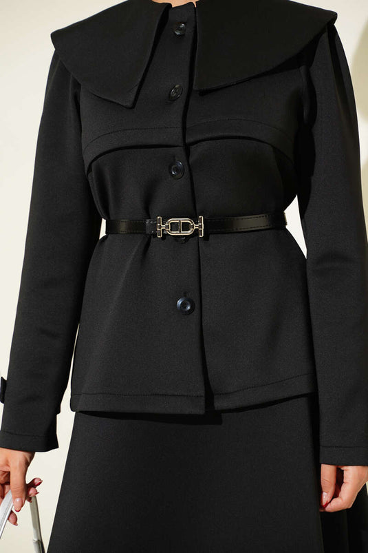 Ensemble deux pièces jupe boutonnée à col Claudine, noir