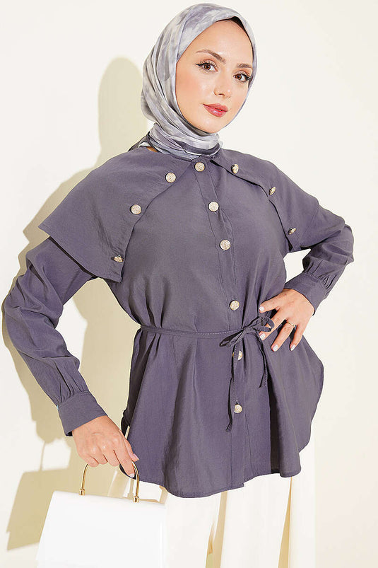 Babykraag Knopenblouse In Rookgrijs