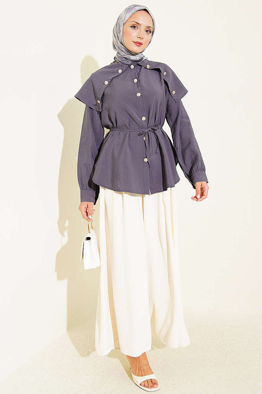 Babykraag Knopenblouse In Rookgrijs