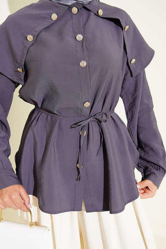 Babykraag Knopenblouse In Rookgrijs