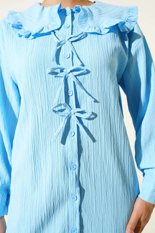 Bebe Yaka Fiyonklu Gömlek Bebe Mavi