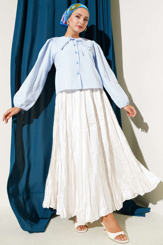 Bebe Yaka Fiyonklu Kısa Gömlek Bebe Mavi