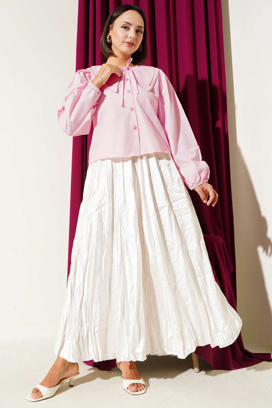 قميص قصير وردي اللون مع فيونكة للبنات