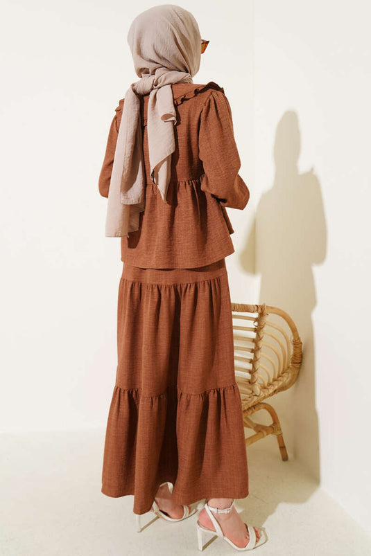 Babykraag, touwstrik, rok, tweedelig pak, bruin