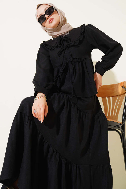 Ensemble deux pièces à jupe et col bébé, noir