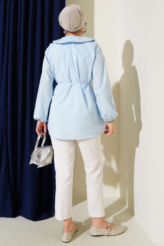 Bebe Yaka İp Kuşaklı Gömlek Bebe Mavi