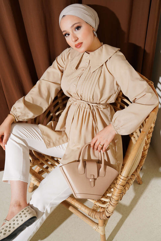 Peter Pan Collar Belted Shirt Beige