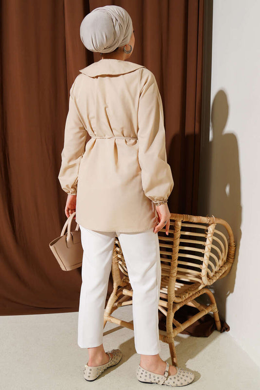 Peter Pan Collar Belted Shirt Beige