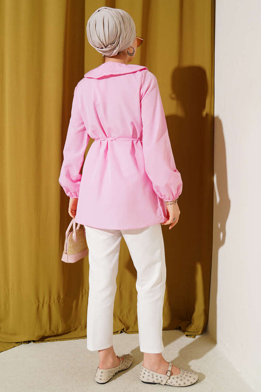 Baby Collar Rope Belted Shirt Pink