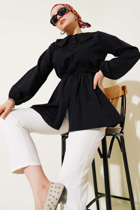 Bebe Yaka İp Kuşaklı Gömlek Siyah