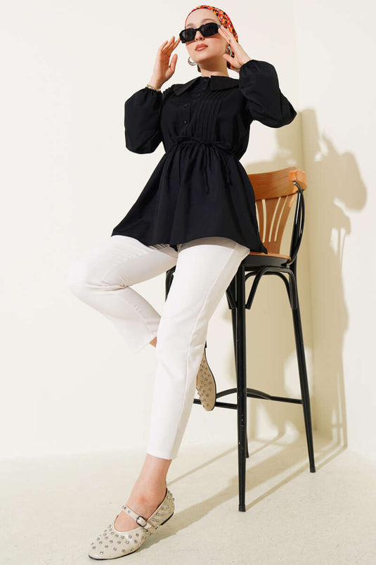 Bebe Yaka İp Kuşaklı Gömlek Siyah