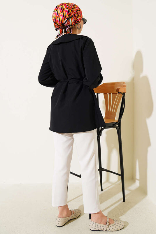 Bebe Yaka İp Kuşaklı Gömlek Siyah