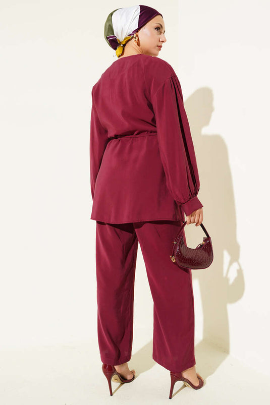 بدلة أطفال من قطعتين مع طوق وحبل وحزام - لون عنابي