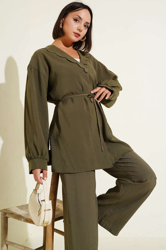 Ensemble deux pièces pour bébé avec col et ceinture en corde, kaki