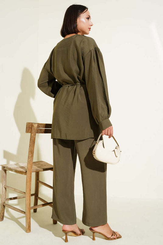 Ensemble deux pièces pour bébé avec col et ceinture en corde, kaki