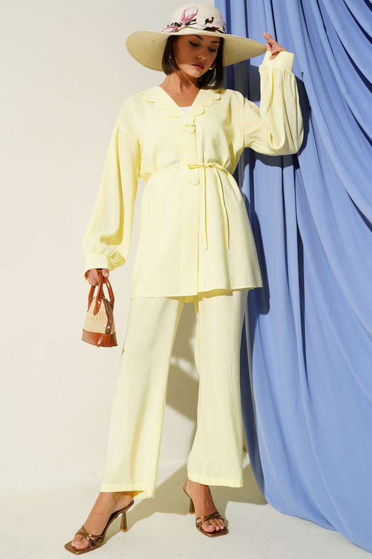 Bebe Yaka İp Kuşaklı İkili Takım Sarı