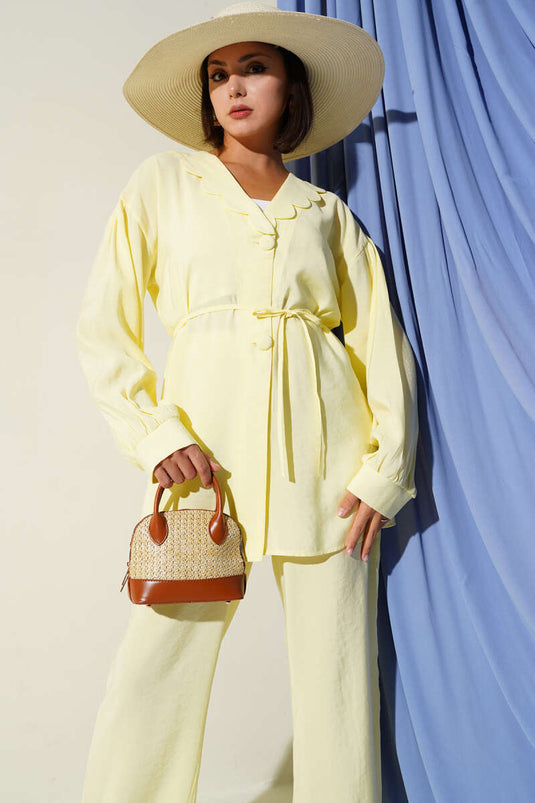 Bebe Yaka İp Kuşaklı İkili Takım Sarı