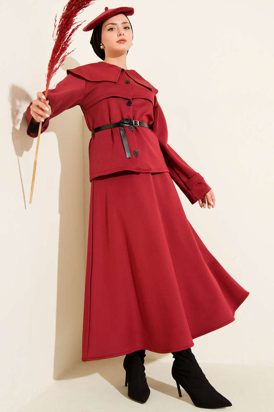 Baby Collar Belted Scuba Two-Piece Skirt Set Burgundy