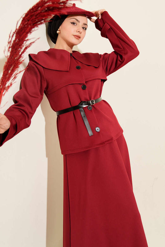 Baby Collar Belted Scuba Two-Piece Skirt Set Burgundy