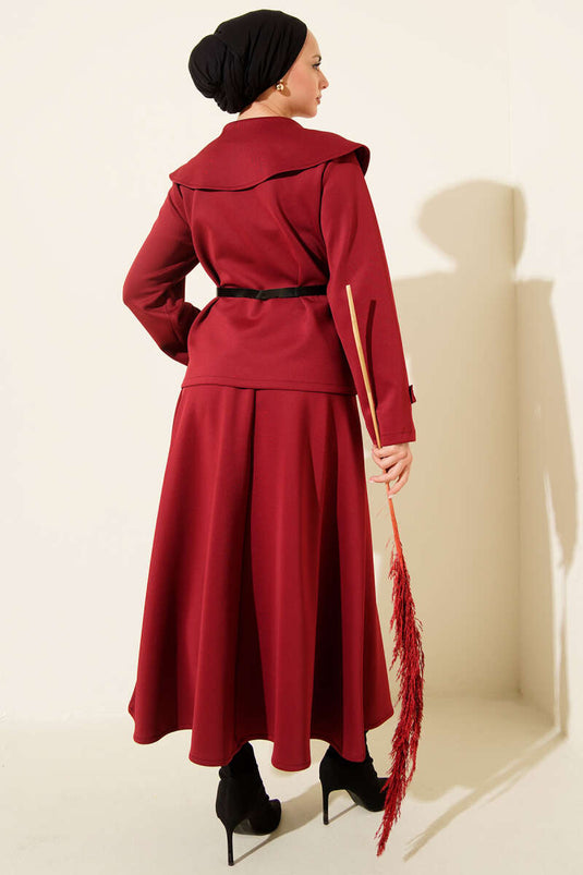 Baby Collar Belted Scuba Two-Piece Skirt Set Burgundy