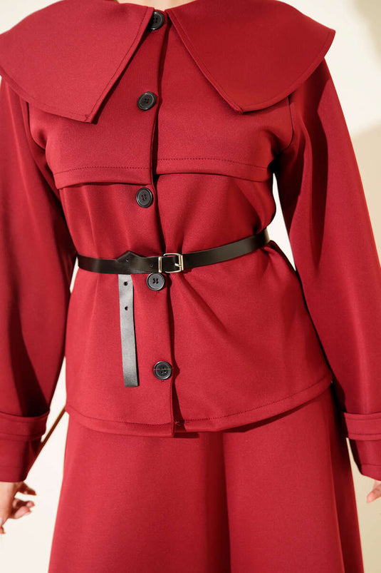 Baby Collar Belted Scuba Two-Piece Skirt Set Burgundy