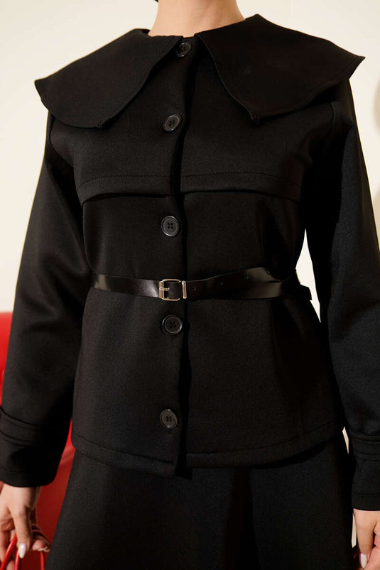 Bebe Yaka Kemerli Scuba İkili Etekli Takım Siyah