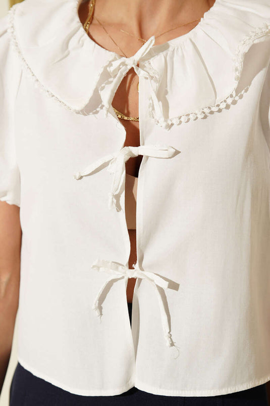Blouse à manches courtes avec cordon col bébé blanc