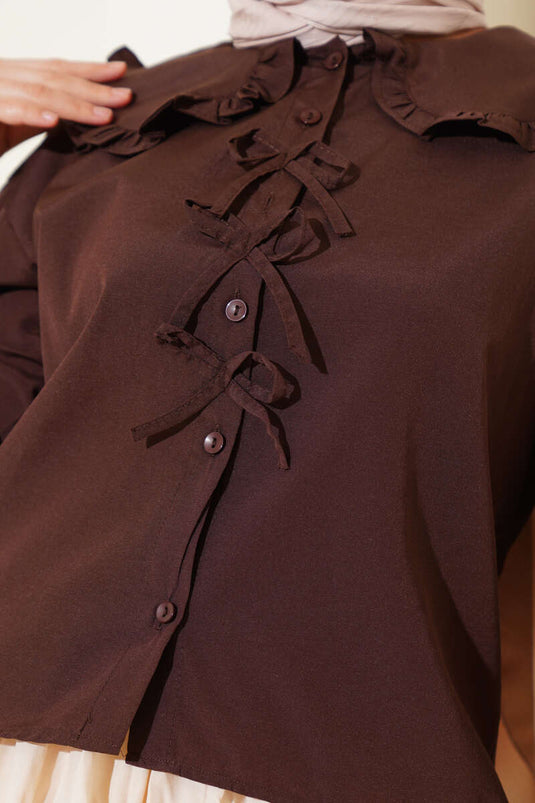Chemise à col bébé avec détail ruban, marron foncé