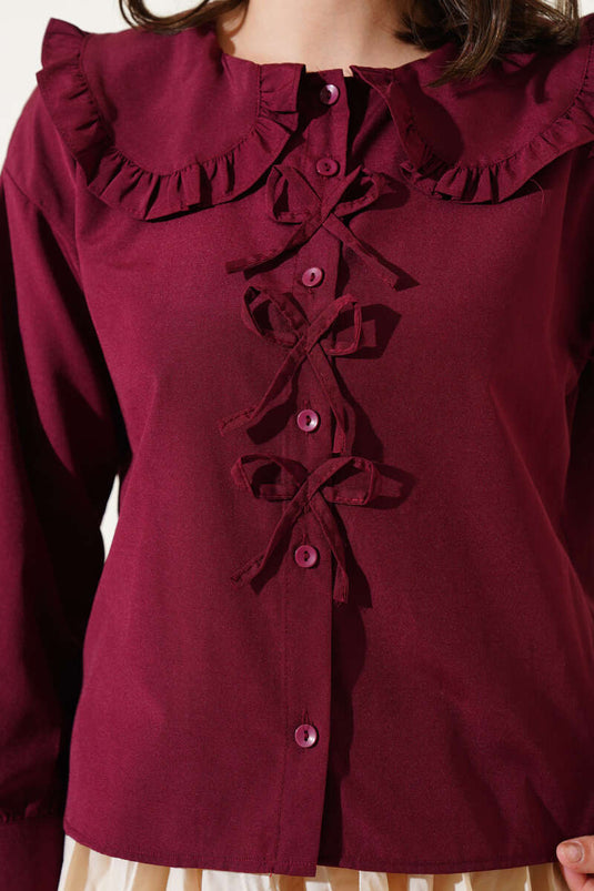 Bebe-Kragen Hemd mit Schleifendetail in Bordeaux