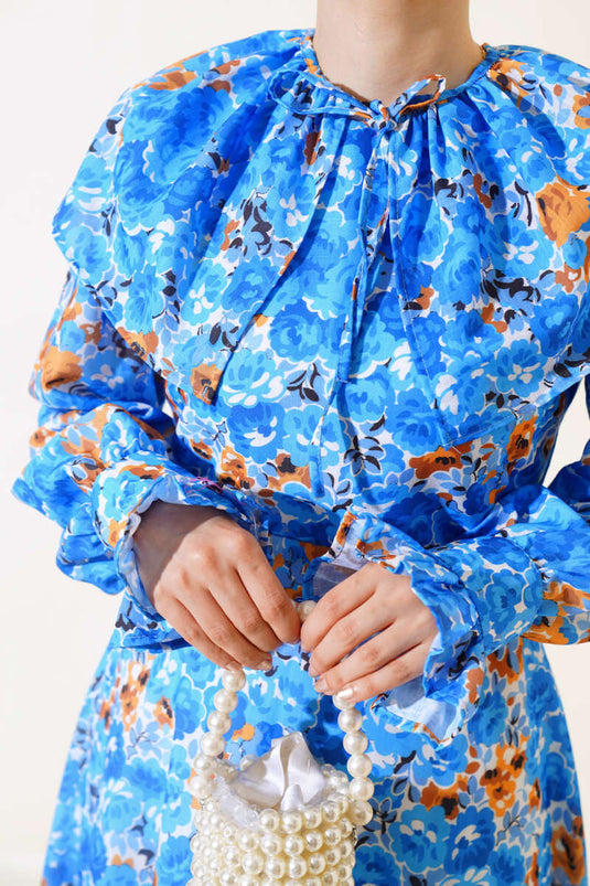 Robe Ceinturée Col Bébé Bleu