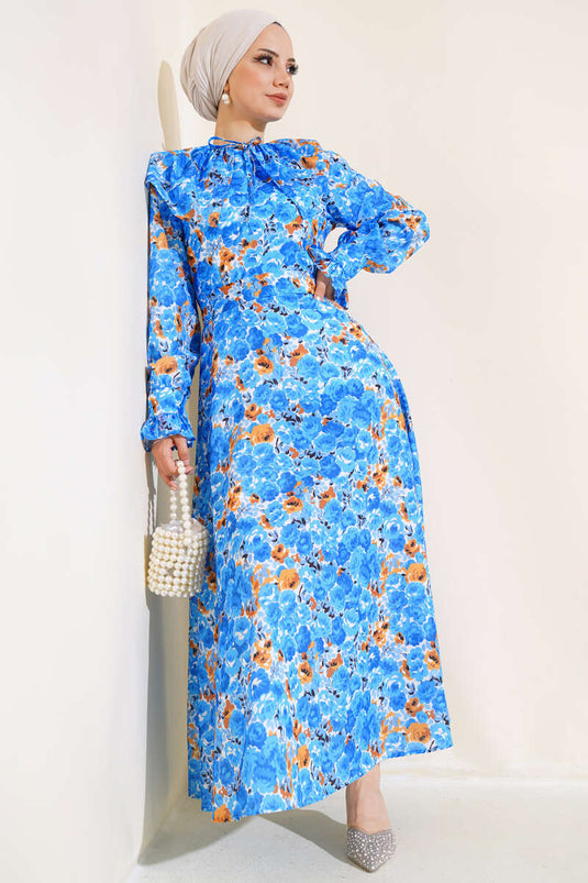 Robe Ceinturée Col Bébé Bleu