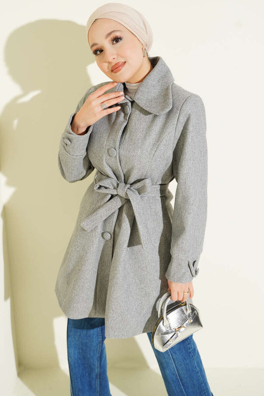 Baby Collar Belted Cashmere Coat Grey