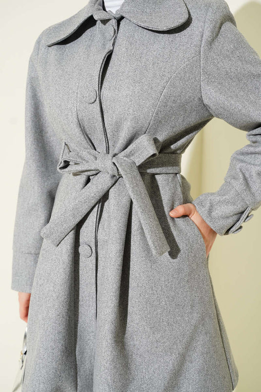 Baby Collar Belted Cashmere Coat Grey
