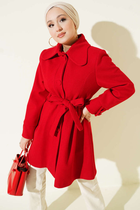 Peter Pan Collar Belted Cashmere Coat, Red