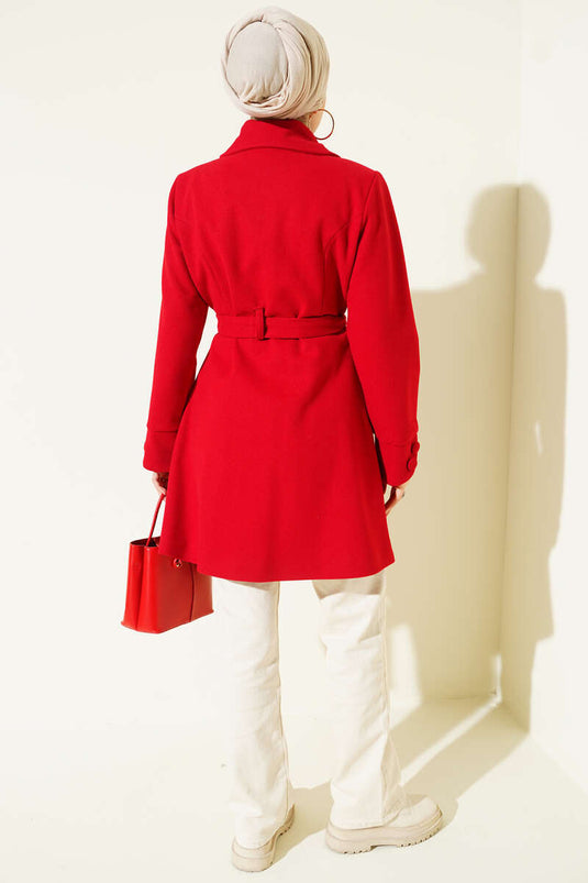Peter Pan Collar Belted Cashmere Coat, Red