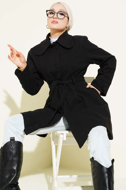 Peter Pan Collar Belted Cashmere Coat, Black