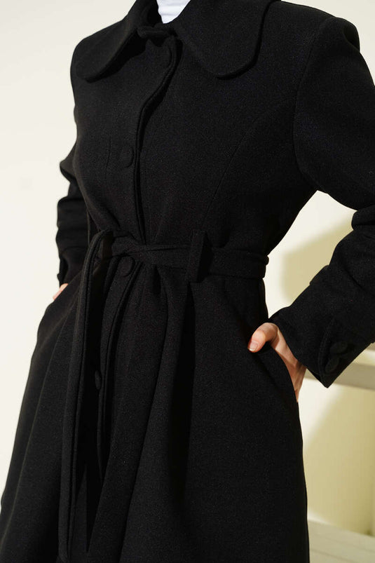 Peter Pan Collar Belted Cashmere Coat, Black