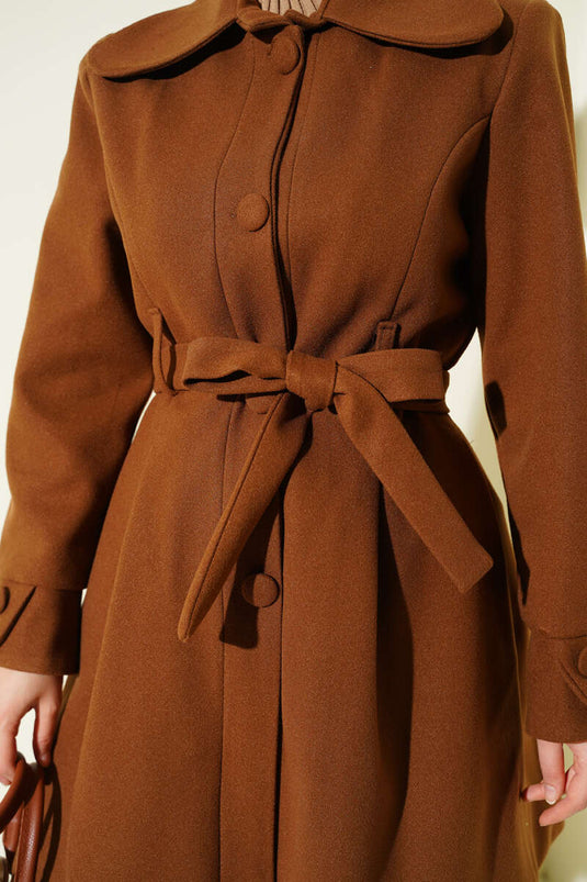 Peter Pan Collar Belted Cashmere Coat, Tan