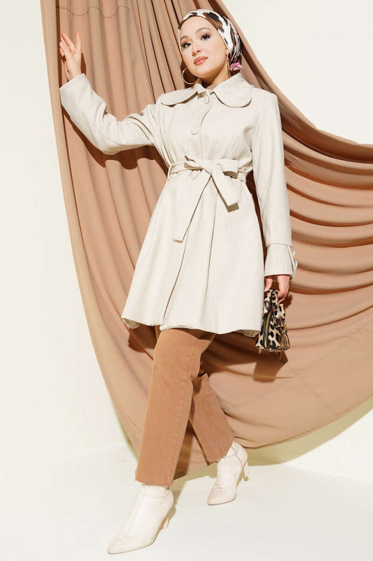 Peter Pan Collar Belted Cashmere Coat with Stones