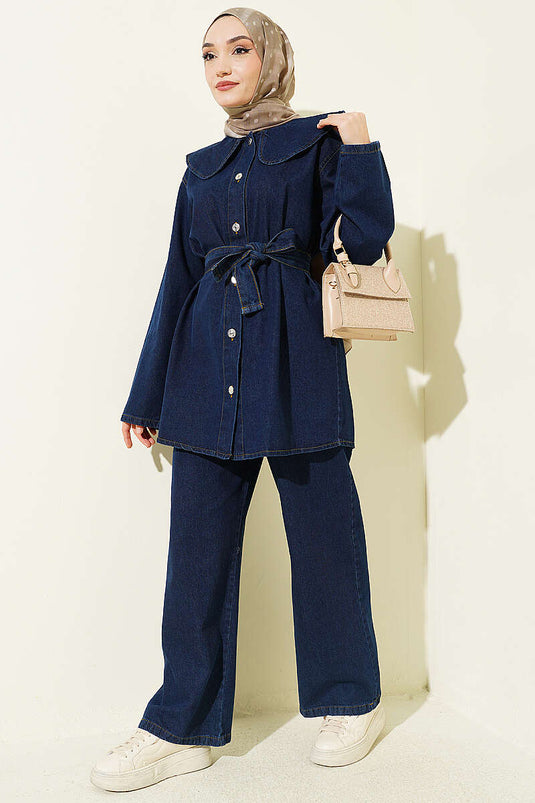 Belted Denim Two-Piece Set with Baby Collar, Navy Blue