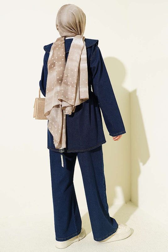 Belted Denim Two-Piece Set with Baby Collar, Navy Blue