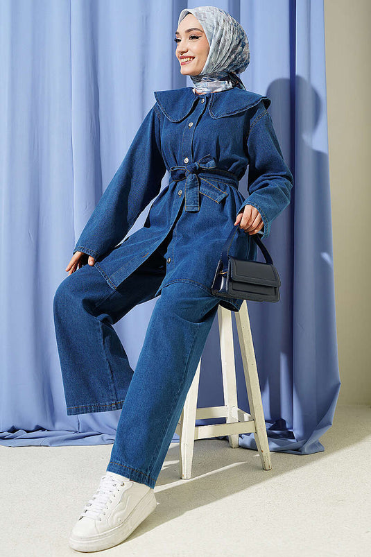 Ensemble Deux Pièces Bleu en Jean avec Col Bebe et Ceinture