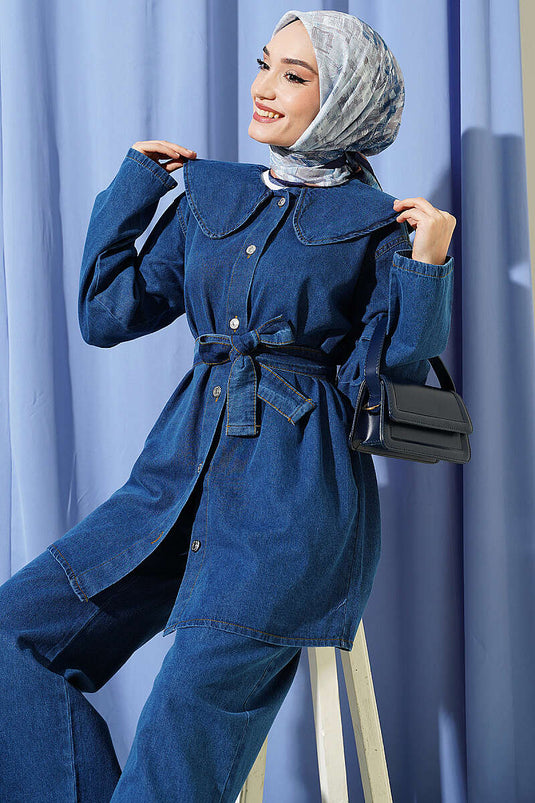 Ensemble Deux Pièces Bleu en Jean avec Col Bebe et Ceinture