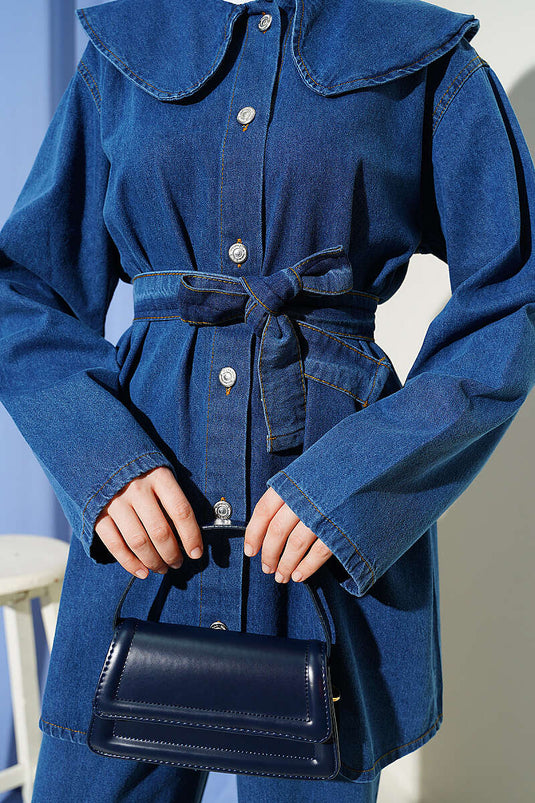 Ensemble Deux Pièces Bleu en Jean avec Col Bebe et Ceinture
